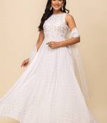 Beautiful white colour designer foil printed girlish gown with dupatta