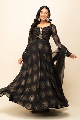 Beautiful black colour designer foil printed girlish gown with dupatta 1