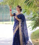 Heavy Jamdani Woven Designer Linen Silk Blend Saree In Girlish Blue 
