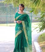 Heavy Jamdani Woven Linen Silk Blend Saree In Girlish Rama 