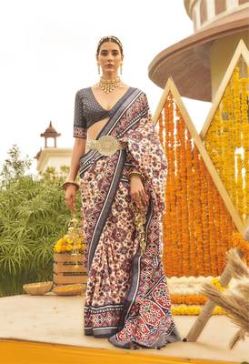 Navy Blue silk blend Blend Saree With Unstitched Blouse Piece 1