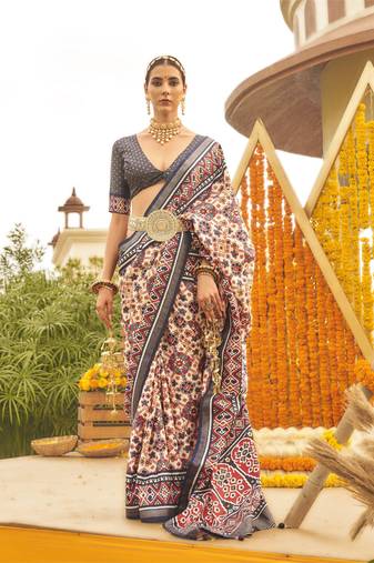 Navy Blue silk blend Blend Saree With Unstitched Blouse Piece