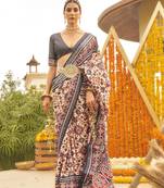 Navy Blue silk blend Blend Saree With Unstitched Blouse Piece