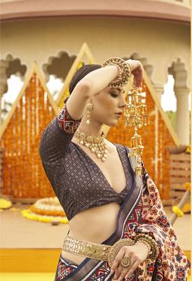 Navy Blue silk blend Blend Saree With Unstitched Blouse Piece 3