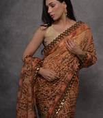 Girlish Brown Ethnic Foil Printed Girlish Saree