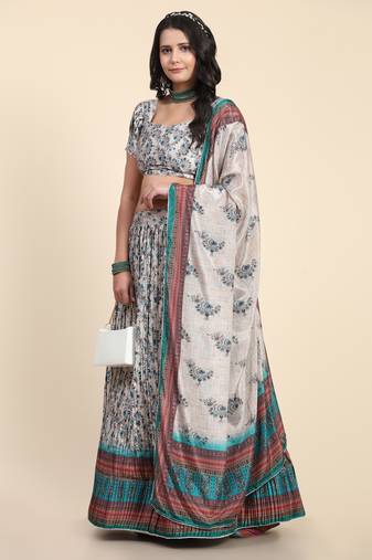 Grey Digital Print Work Silk Blend Fabric Flared Lehenga Choli With Dupatta.