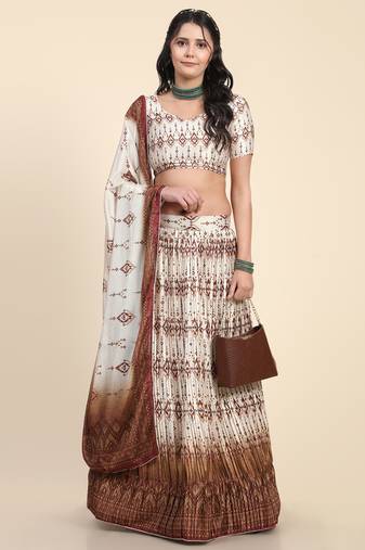 Brown Digital Print Work Silk Blend Fabric Flared Lehenga Choli With Dupatta.