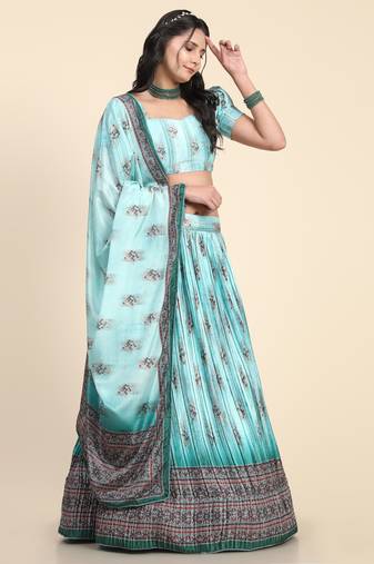 Sky Blue Digital Print Work Silk Blend Fabric Flared Lehenga Choli With Dupatta.