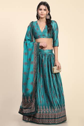 Turquoise Digital Print Work Silk Blend Fabric Flared Lehenga Choli With Dupatta.