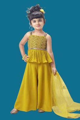 White Button Mustard Yellow Georgette Kurta Palazzo salwar suit for kids Girls 1