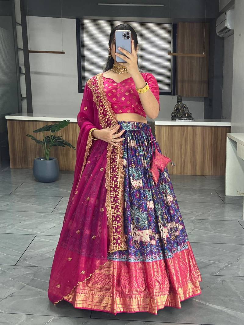 EILARA WOMEN'S PURPLE DOLA SILK PRINTED WITH FOIL WORK PATOLA KALAMKARI LEHENGA CHOLI