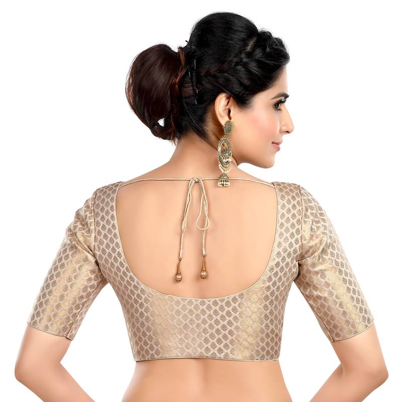 Cream Brocade Elbow Sleeves Padded Princess Cut Readymade Saree Blouse