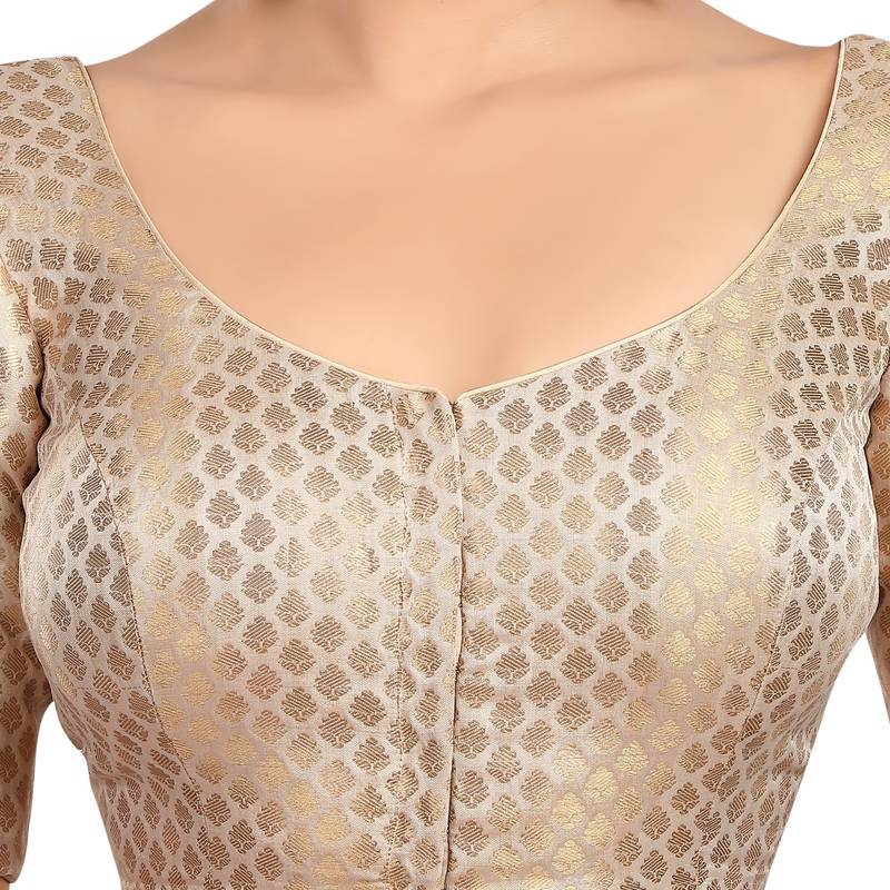 Cream Brocade Elbow Sleeves Padded Princess Cut Readymade Saree Blouse