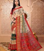 Crem And Red Ekkat Cotton Printed Saree With Blouse