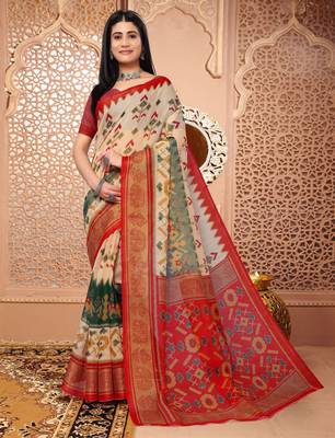 Crem And Red Ekkat Cotton Printed Saree With Blouse 2