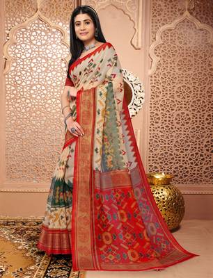 Crem And Red Ekkat Cotton Printed Saree With Blouse 3