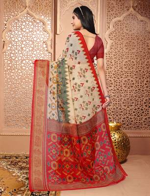Crem And Red Ekkat Cotton Printed Saree With Blouse 4