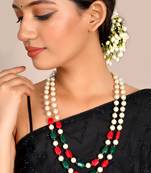 Sasha two layer pearls necklace for women girls embellished with ruby red and teal green beads