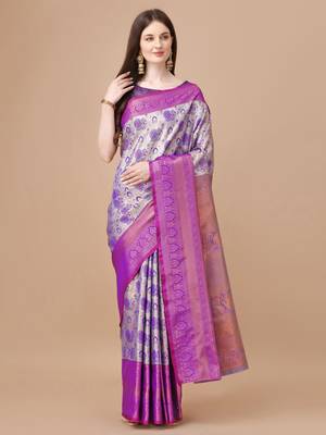Purple Kanjeevaram Silk blend Zari Work Saree 1
