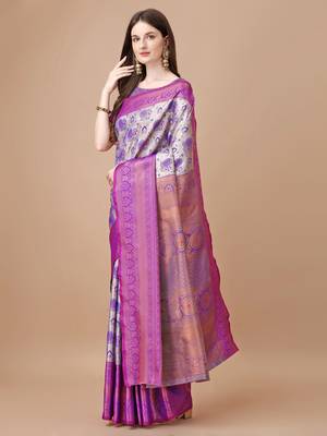 Purple Kanjeevaram Silk blend Zari Work Saree 2