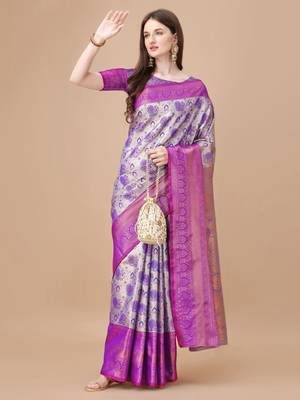 Purple Kanjeevaram Silk blend Zari Work Saree 3