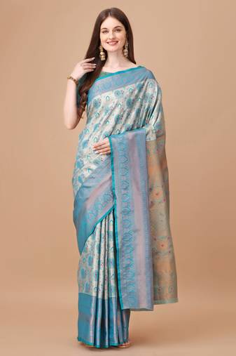 Turquoise Blue Kanjeevaram Silk blend Zari Work Saree