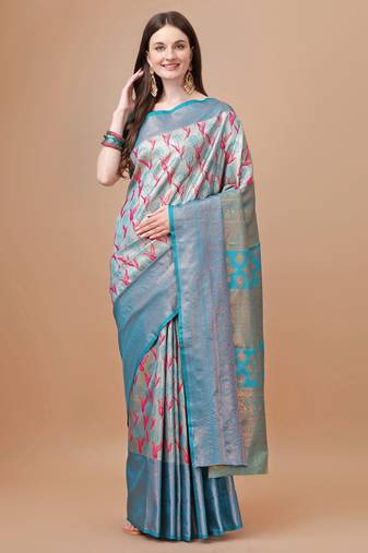 Turquoise Blue Kanjeevaram Silk blend Zari Work Saree