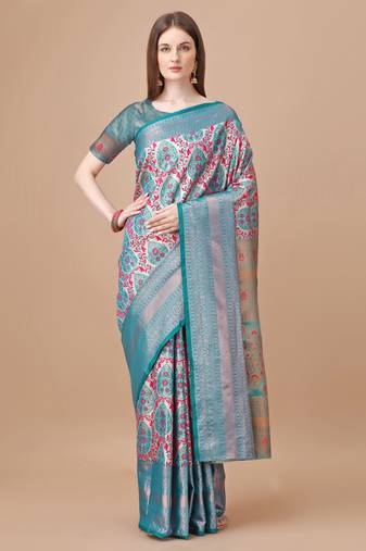 Turquoise Blue Kanjeevaram Silk blend Zari Work Saree