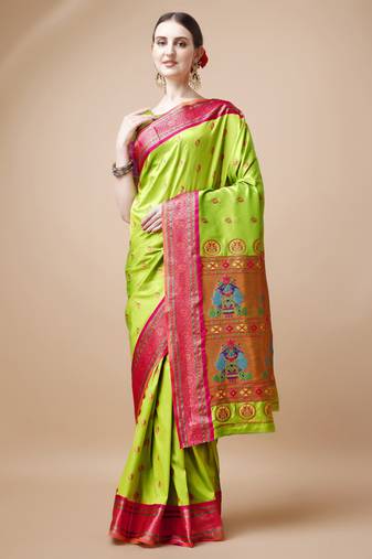 Mint Green Ethnic Motifs Zari Silk Blend Paithani Saree