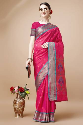 Pink Ethnic Motifs Zari Silk Blend Paithani Saree