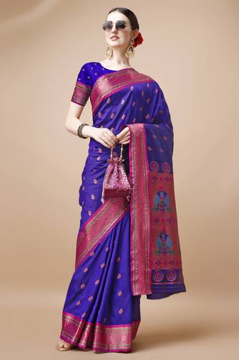 Purple Ethnic Motifs Zari Silk Blend Paithani Saree