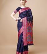 Navy Blue Ethnic Motifs Zari Silk Blend Paithani Saree