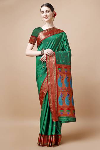 Green Ethnic Motifs Zari Silk Blend Paithani Saree