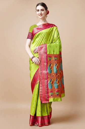 Mint green ethnic motifs zari silk blend paithani saree