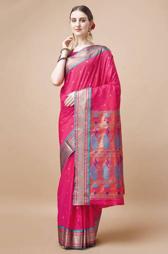 Pink Ethnic Motifs Zari Silk Blend Paithani Saree
