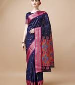Navy Blue Ethnic Motifs Zari Silk Blend Paithani Saree