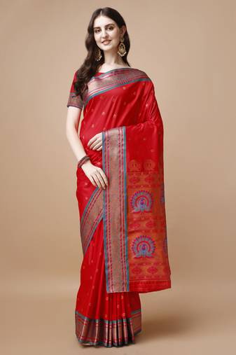 Red Ethnic Motifs Zari Silk Blend Paithani Saree