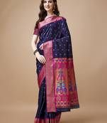 Navy blue ethnic motifs zari silk blend paithani saree