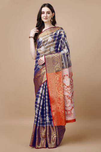 Navy Blue Woven Kanjeevaram Zari Work Saree