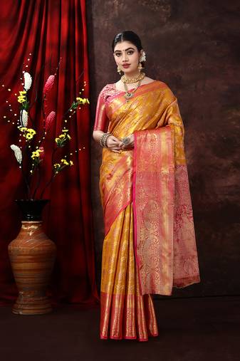Gold Woven Kanjeevaram Silk blend Zari Work Saree