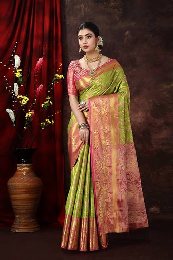 Lime Green Woven Kanjeevaram Silk blend Zari Work Saree