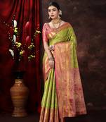 Lime Green Woven Kanjeevaram Silk blend Zari Work Saree