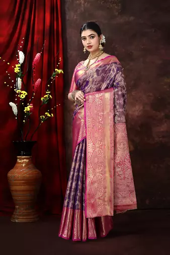 Purple Woven Kanjeevaram Silk blend Zari Work Saree