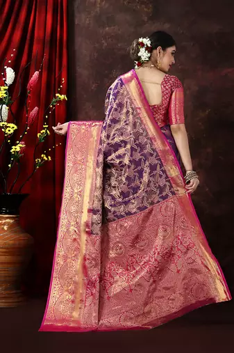 Purple Woven Kanjeevaram Silk blend Zari Work Saree