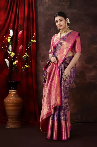 Purple Woven Kanjeevaram Silk blend Zari Work Saree