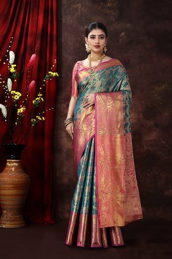Turquoise Blue Woven Kanjeevaram Silk blend Zari Work Saree