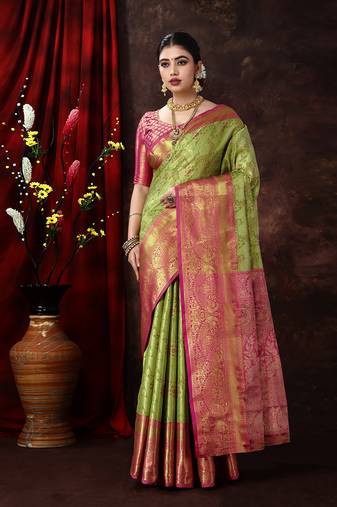 Lime Green Woven Kanjeevaram Silk blend Zari Work Saree