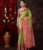 Lime Green Woven Kanjeevaram Silk blend Zari Work Saree