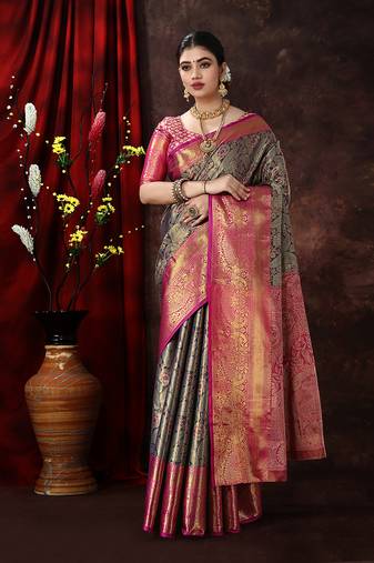 Navy Blue Woven Kanjeevaram Silk blend Zari Work Saree