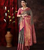 Navy Blue Woven Kanjeevaram Silk blend Zari Work Saree